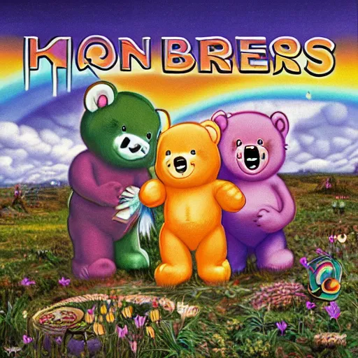 Image similar to the care bears on iron maiden album cover, 8 k resolution hyperdetailed dystopian apocalyptic surrealism