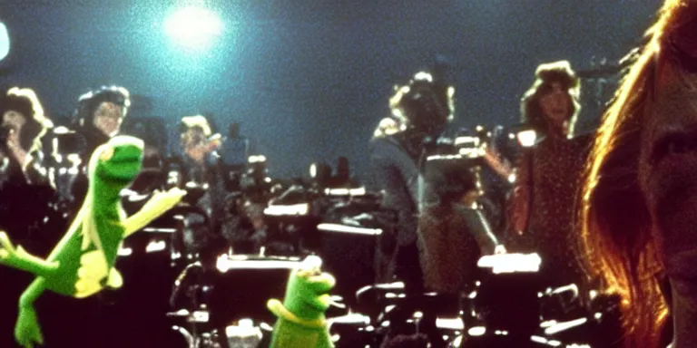 Image similar to Cinematography of David Bowie in 1981 shot on a 9.8mm wide angle lens on the set of The Muppet Movie