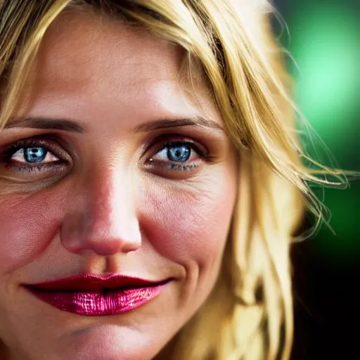 Image similar to close - up 2 0 year old cameron diaz, moody lighting, 8 k, shallow depth of field, cinematic lighting,