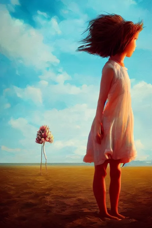 Image similar to closeup huge dahlia flower head, girl standing on beach, surreal photography, blue sky, sunrise, dramatic light, impressionist painting, digital painting, artstation, simon stalenhag