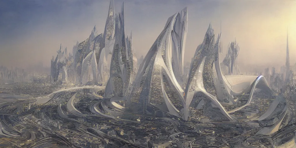 Prompt: a beautiful painting of epic fantasy islamic zaha hadid city by alan lee, trending on artstation