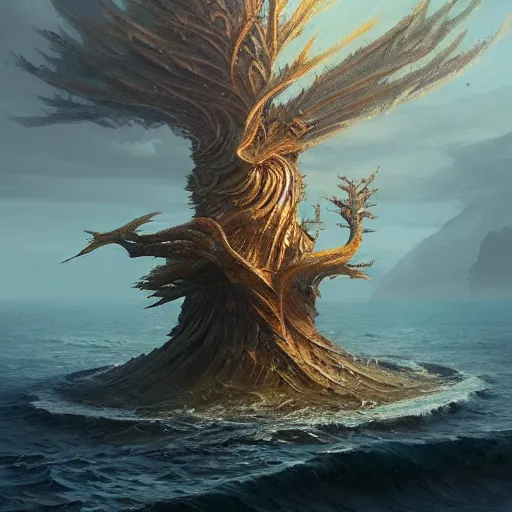 Image similar to a fish as tree, at a sea, by greg rutkowski, trending on art station, highly detailed, magic the gathering, matte painting