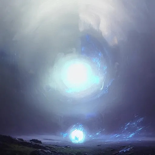 Prompt: A large sphere of blue energy, mist, rain, by greg rutkowski