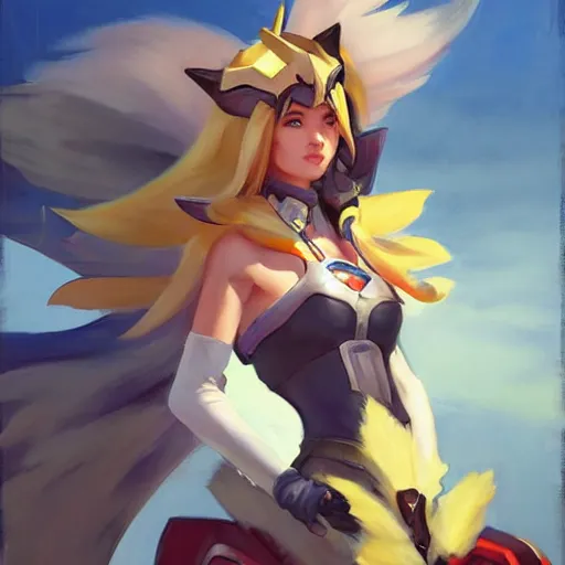 Image similar to greg manchess portrait painting of partially armored ahri as overwatch character, medium shot, asymmetrical, profile picture, organic painting, sunny day, matte painting, bold shapes, hard edges, street art, trending on artstation, by huang guangjian and gil elvgren and sachin teng