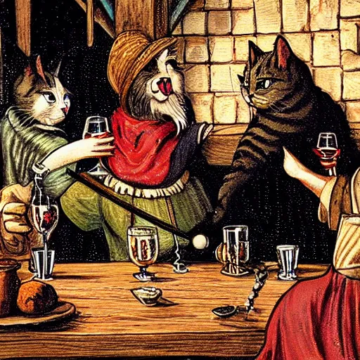 Prompt: Drunken jolly cat patrons in a medieval tavern enjoying the evening | fantasy art