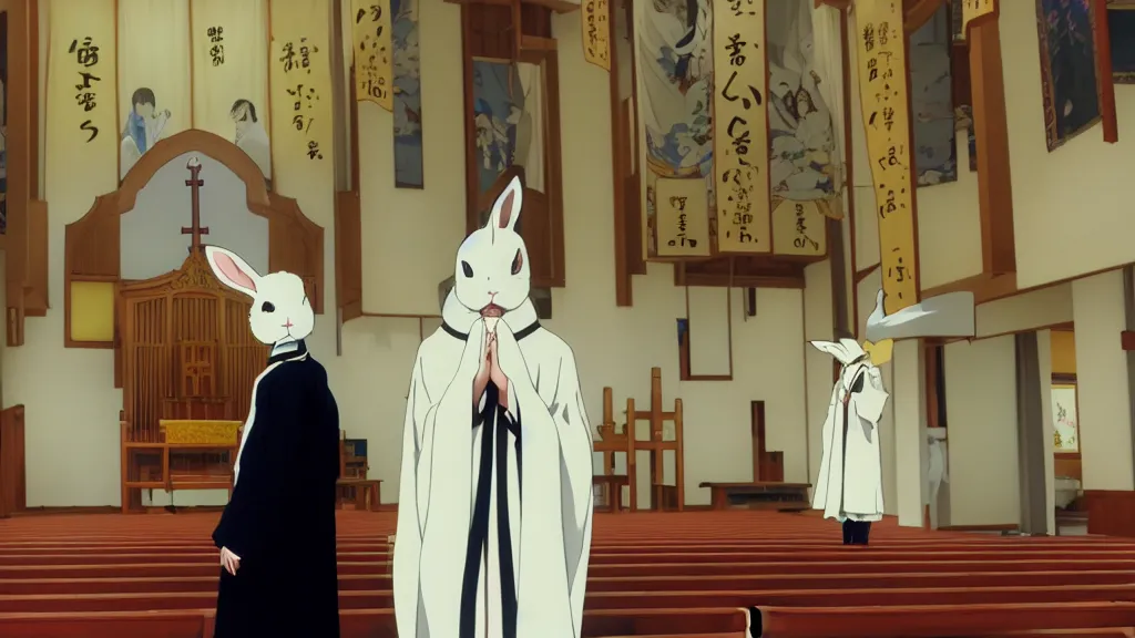 Image similar to a man wearing priest clothes and a white rabbit mask standing in an Japanese church, anime film still from the an anime directed by Katsuhiro Otomo with art direction by Salvador Dalí, wide lens