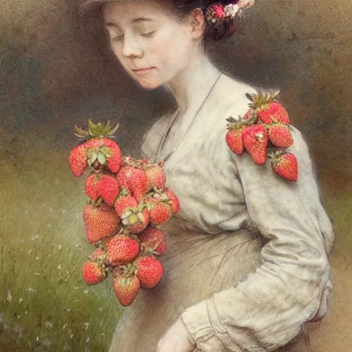 Image similar to ( ( ( ( ( woman on a strawberry field. muted colors. ) ) ) ) ) by jean - baptiste monge!!!!!!!!!!!!!!!!!!!!!!!!!!!