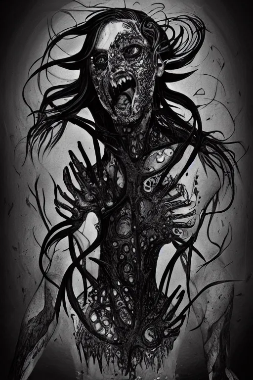 Prompt: black and white illustration, creative design, body horror, monster