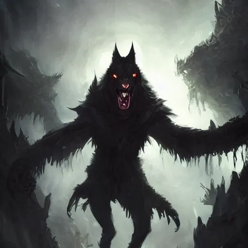 Prompt: werewolf vampire hybrid, dark cloak, bats flying in the background, fantasy game art by greg rutkowski, fantasy rpg, league of legends