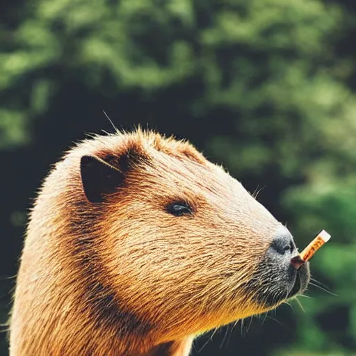 Image similar to capybara head, a man wearing a suit capybara head (smoking cigar)