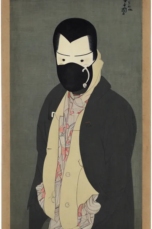 Image similar to portrait of young man wearing black medical mask, style of tsuguharu foujita