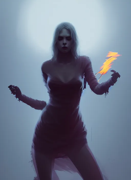 Image similar to satan daughter, wearing, outfit, clothes, full body, fire, hell, lightning, pyromancer, intricate, elegant, highly detailed, digital painting, artstation, concept art, smooth, sharp focus, illustration, ethereal, misty, by ilya kuvshinov and jeremy mann, 8 k, octane render