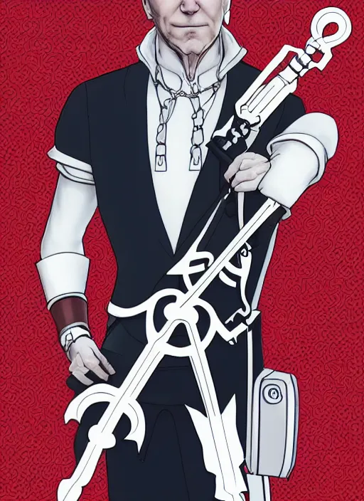 Prompt: joe biden as a kingdom hearts keyblade wielder, official square enix line art artwork, intricate design, high definition, delicate patterned, fashionable rpg clothing