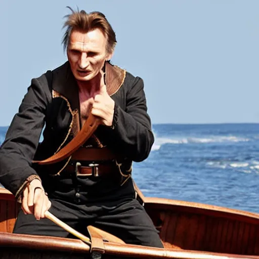 Image similar to Liam Neeson in pirate suit in a boat