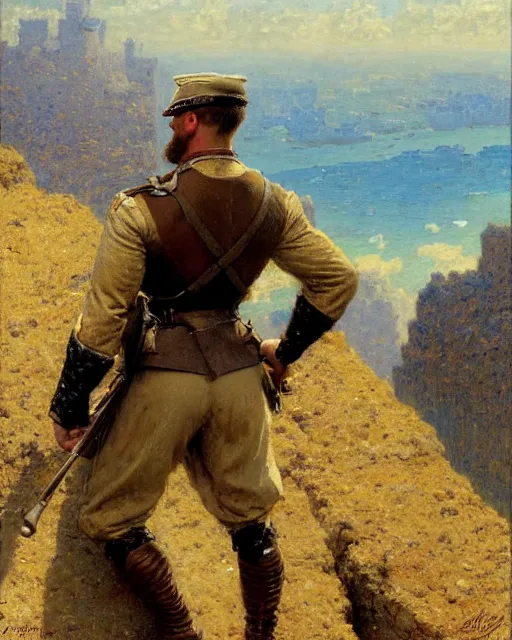 Prompt: muscular, rugged german soldier watches the horizon from on top of a castle wall, painting by gaston bussiere, craig mullins, j. c. leyendecker
