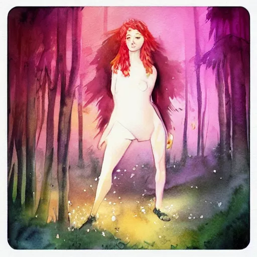 Image similar to “album cover redhead girl in a magic forest painted with watercolor in cyberpunk style”