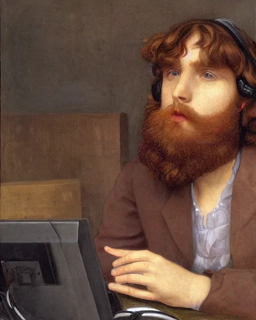 Prompt: Pre-Raphaelite portrait of a young beautiful brown-haired bearded male sitting in office wearing vr-headset