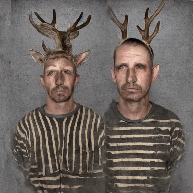 Prompt: deer headed man wearing striped prison clothing, colorized old jail mugshot