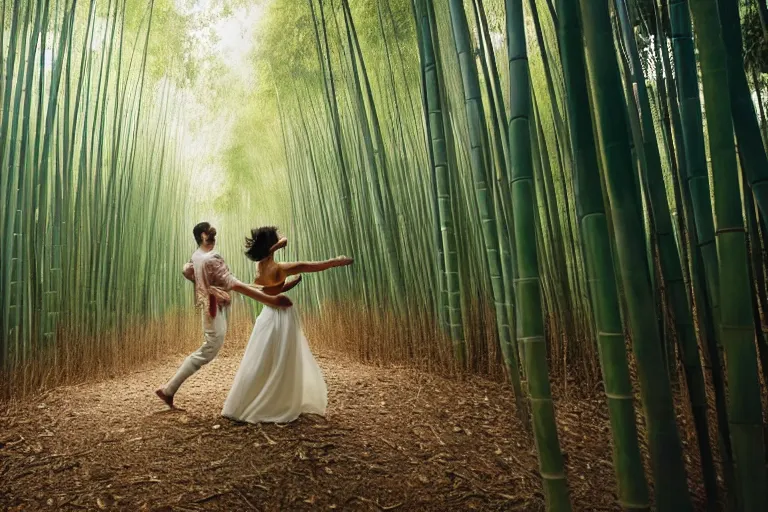 Image similar to cinematography closeup portrait of couple dancing in a bamboo forest, thin flowing fabric, natural light by Emmanuel Lubezki