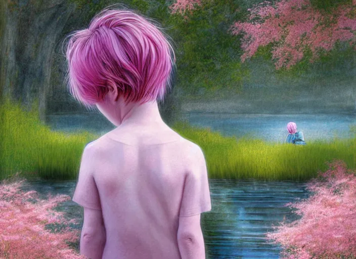 Image similar to pink haired boy backlit staring at black haired boy from across a pond, by alan lee, muted colors, springtime, colorful flowers & foliage in full bloom, sunlight filtering through trees & skin, digital art, art station cfg _ scale 9