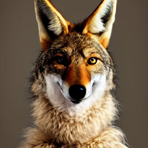 Prompt: furry anthro anthropomorphic portrait of a coyote head animal person fursona standing in a plain white room professional studio photo