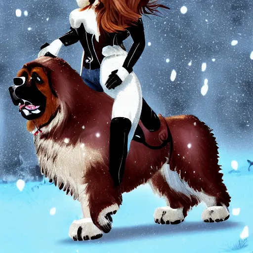 Image similar to girl riding a giant saint Bernard in a snowy park, trending on artstation