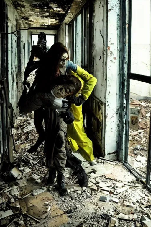 Image similar to dystopian hazmat woman holding zombie at gunpoint in dilapidated building. by Roger Deakins