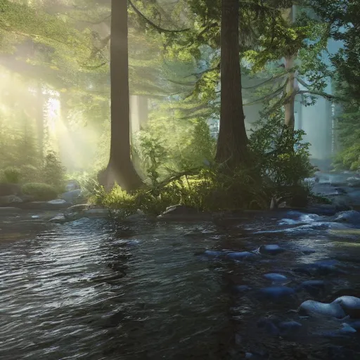 Image similar to a forest made in unreal engine 5 with sun rays and a river, 4k, high detail, high-resolution photograph, professional photography, ultra-detail