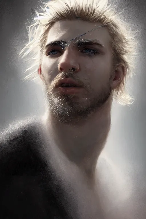 Image similar to blonde wild hair man with a little beard, one black eye - patch, plain white shirt, close - up portrait, powerfull, intricate, elegant, volumetric lighting, scenery, digital painting, highly detailed, artstation, sharp focus, illustration, concept art, ruan jia, steve mccurry