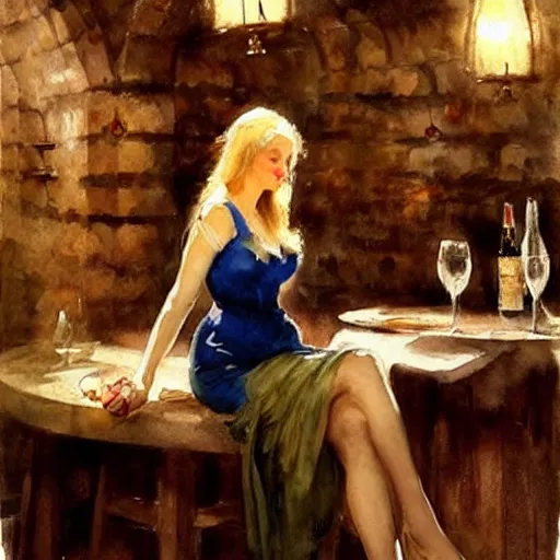 Prompt: beautiful blonde in hot dress in a wine cellar, food, pork, beer, schnapps, rustic, traditional, torches on the wall, watercolor by vladimir volegov and anders zorn, highly detailed, masterpiece