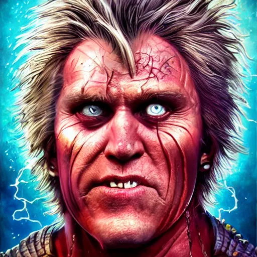 Image similar to detailed photo portrait of a Half-orc bard portrayed by Gary Busey, 8k,by tristan eaton, Stanley Artgermm,Tom Bagshaw,Greg Rutkowski,Carne Griffiths,trending on DeviantArt, face enhance,hyper detailed ,full of colour, dramatic lightning