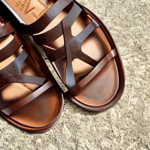 Image similar to sperry brown leather sandals with extremely long toe points, photorealistic