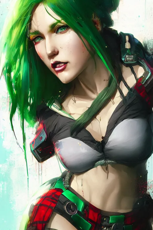 Prompt: cyberpunk woman with green hair wearing a red plaid miniskirt, beautiful face, by greg rutkowski, by artgerm, by yoshitaka amano, digital art, matte art, octane render, lineart, pop art, character art