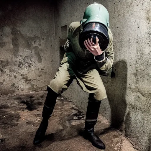 Image similar to madman in gasmask beats up mutants in soviet bunker