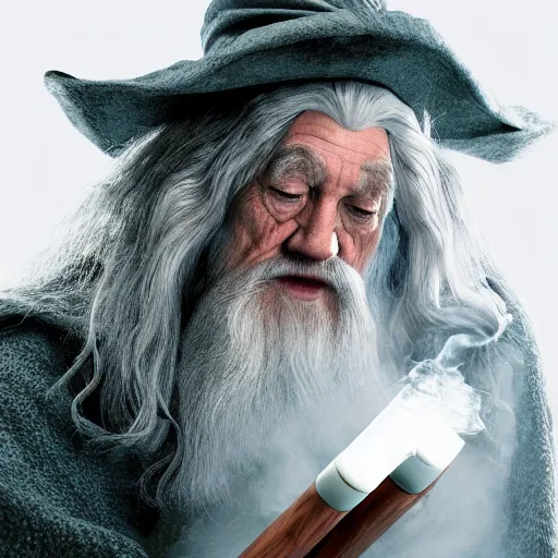 Prompt: photorealism render of Gandalf the Grey taking a fat hit off a bong