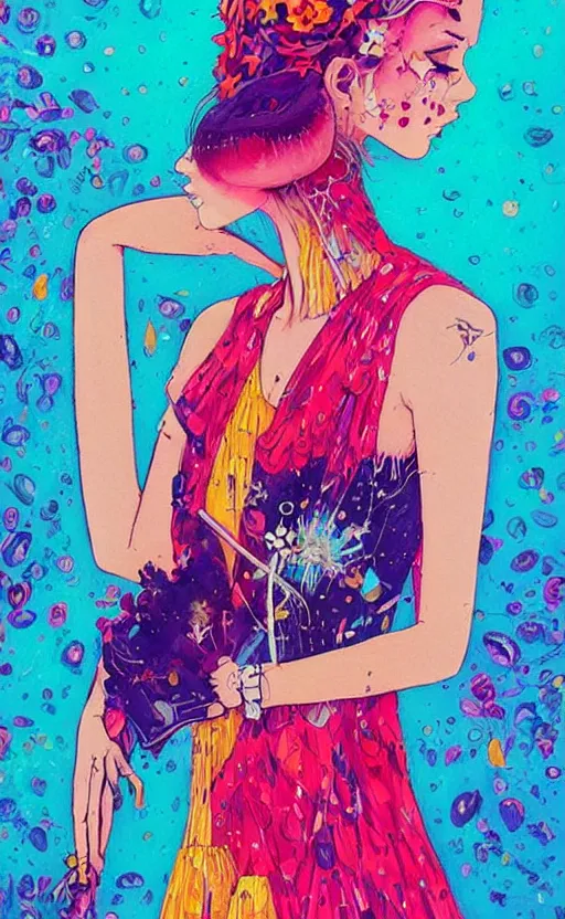 Prompt: an ultra detailed beautiful painting of a stylish woman with colorful sundress, concert poster, modern, harumi hironaka, conrad roset, greg rutkowski