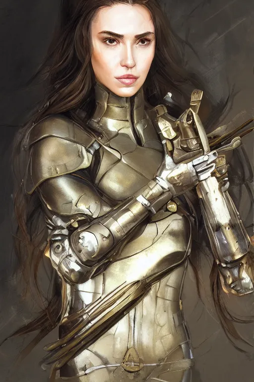 Image similar to a professionally painted portrait of an attractive young woman, clothed in military armor, olive skin, long dark hair, beautiful bone structure, symmetrical facial features, intricate, elegant, digital painting, trending on Artstation, concept art, smooth, sharp focus, illustration, from Metal Gear by Ruan Jia and Mandy Jurgens and Artgerm and William-Adolphe Bouguerea, award winning