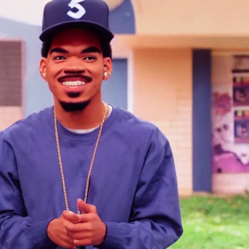 Image similar to a tv still of Chance The Rapper starring as a college student in a 1993 black sitcom