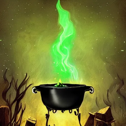 Image similar to a black cauldron filled with a magical green glowing potion hanging above a small campfire, night, fantasy, digital art, mysterious