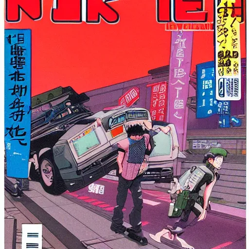 Image similar to 1989 Magazine Cover, Anime Neo-tokyo bank robbers fleeing the scene with bags of money, Police Shootout, Highly Detailed, 8k :4 by Katsuhiro Otomo : 8