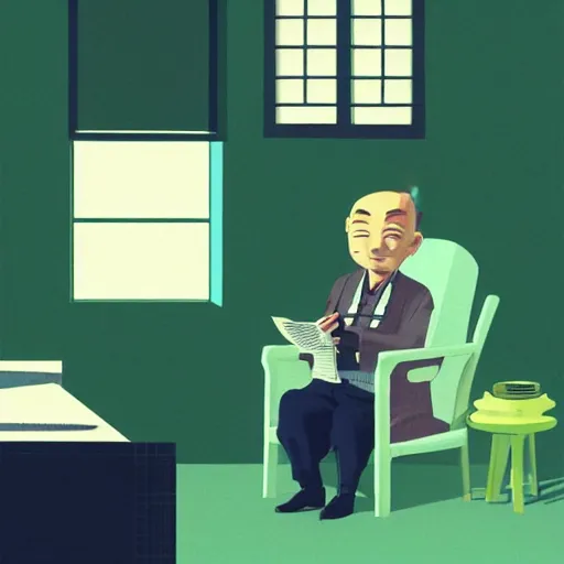 Prompt: old balding japanese man with white shirt, sitting on a chair and reading newspaper while looking at the ceiling of his room with contrastic green lighting by fujita goro, atey ghailan, tom whalen