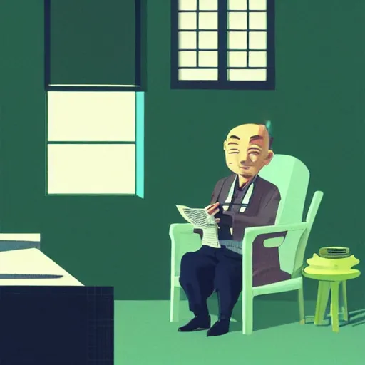 Image similar to old balding japanese man with white shirt, sitting on a chair and reading newspaper while looking at the ceiling of his room with contrastic green lighting by fujita goro, atey ghailan, tom whalen