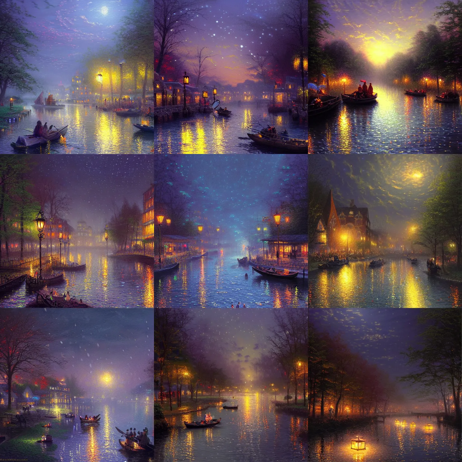 Prompt: lantern floating in a river, evocative, dark night, detailed, award - winning, trending on artstation artwork by thomas kinkade,