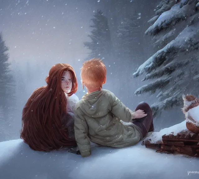 Prompt: a boy and a girl with long flowing auburn hair sitting together on the porch of a cabin on a mountain overlooking a snowy forest. Atmospheric lighting, long shot, romantic, boy and girl are the focus, cold lighting, snowy. details, sharp focus, illustration, by Jordan Grimmer and greg rutkowski, Trending artstation, pixiv, digital art