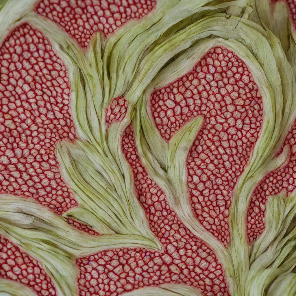 Prompt: fractal bananas that grow like coral, inside art nouveau embroidered plate with petal shape. closeup, hyper real, food photography, high quality
