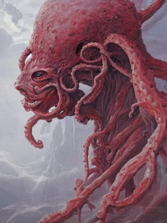 Prompt: painting by wayne barlowe of a flying sorrowful looking severed human head with tears running down it's eyes, face that is chalk white in color, with long sprawling white tentacles stemming down it's neck, fiery scorching red eyes, flying in a terrying hellish dark cavernous place