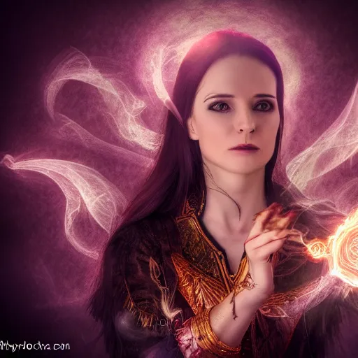 Prompt: female warlock casting magic spell ,fantasy, D&D, HDR, natural light, dynamic pose, award winning photograph, 8k, Mucha style,