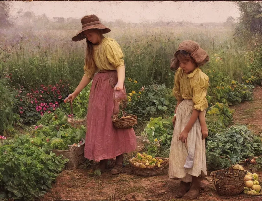 Image similar to 3 peasant girl picking vegetables from garden, cottage core, cinematic focus, polaroid photo bleached vintage pastel colors high - key lighting, soft lights, foggy, by steve hanks, by lisa yuskavage, by serov valentin, by tarkovsky, 8 k render, detailed, oil on canvas