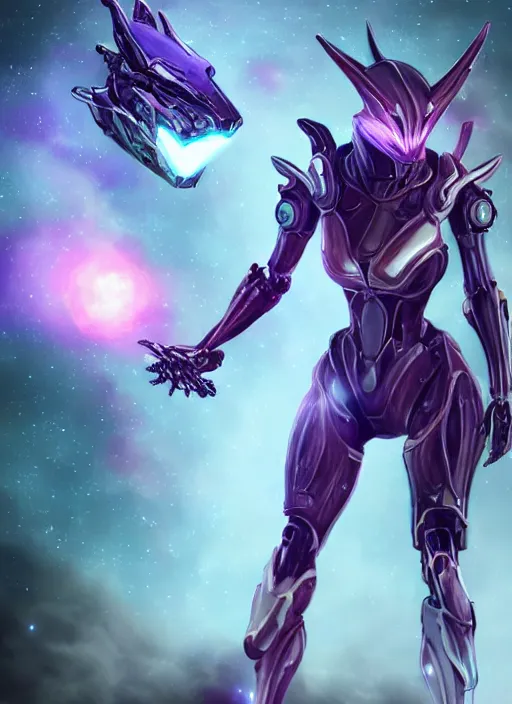 Image similar to cinematic shot, bust, cosmic sized perfectly proportioned stunning beautiful hot female warframe, robot mecha female dragon head, silver armor, fuschia leds, floating in empty space, nebula sized, holding a galaxy, epic proportions, epic size, epic scale, furry art, dragon art, giantess art, warframe fanart, furaffinity, deviantart