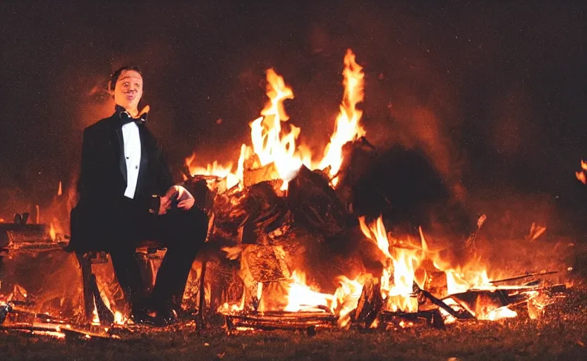 Image similar to a man wearing a tuxedo sitting in the middle of a bonfire, no face